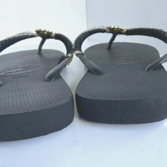 Havaianas Crystal Floral Bling Black Flip Flops Genuine Women's US Size 7/8 Gold - Picture 7 of 9
